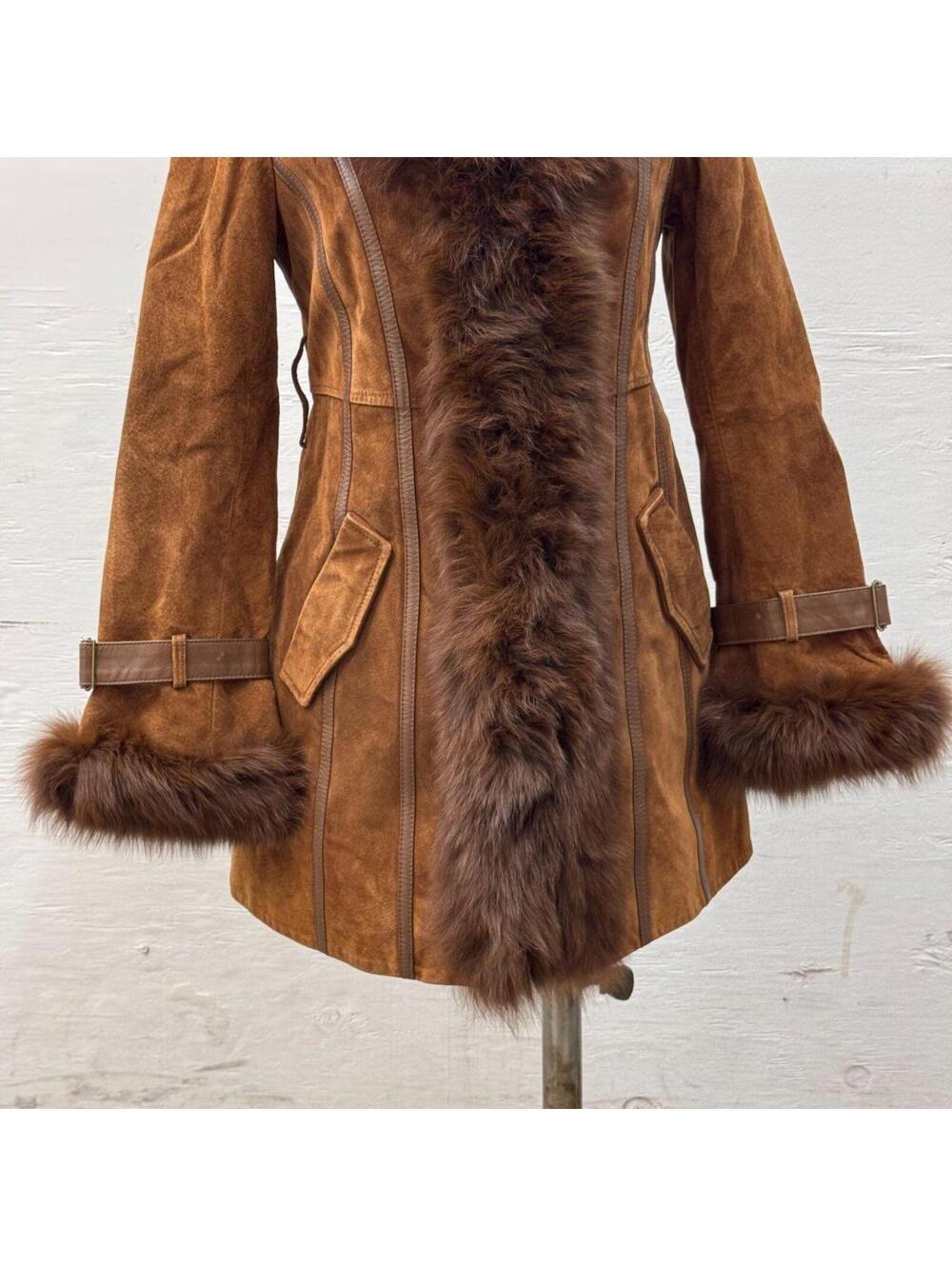 Vintage Vero Moda Y2K "Penny Lane" Suede & Fox Fur Coat Brown - Picture 3 of 8